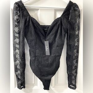 Lulu’s NWT Black Bodice Long Sheer Sleeves Bodysuit with Snap Closure